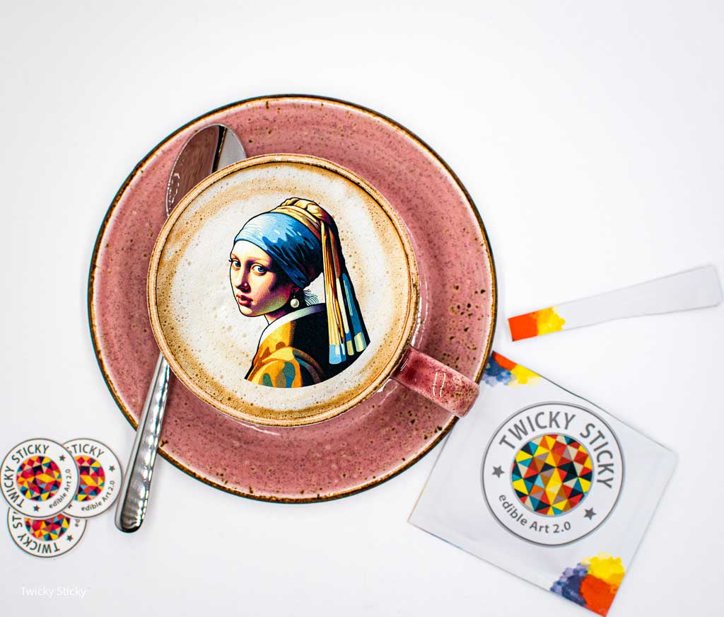 Twicky Sticky ‚Leonie‘ essbarer Sticker – inspiriert vom ‚Mädchen mit dem Perlenohrring‘ von Vermeer, auf Milchschaum für besondere Genussmomente 🖼️✨