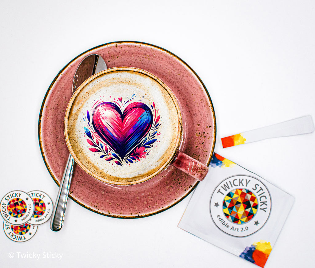 Eine Cappuccino-Tasse mit dem essbaren Kunstwerk „Liebesfarben“ – ein strahlendes Herzdesign, das Liebe in Farbe ausdrückt.